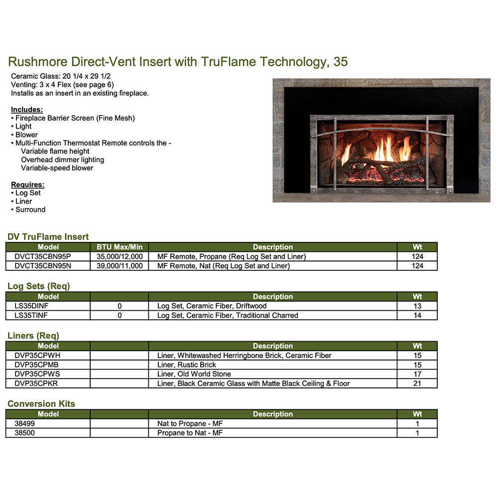 Gas fireplace insert specifications and log set information chart