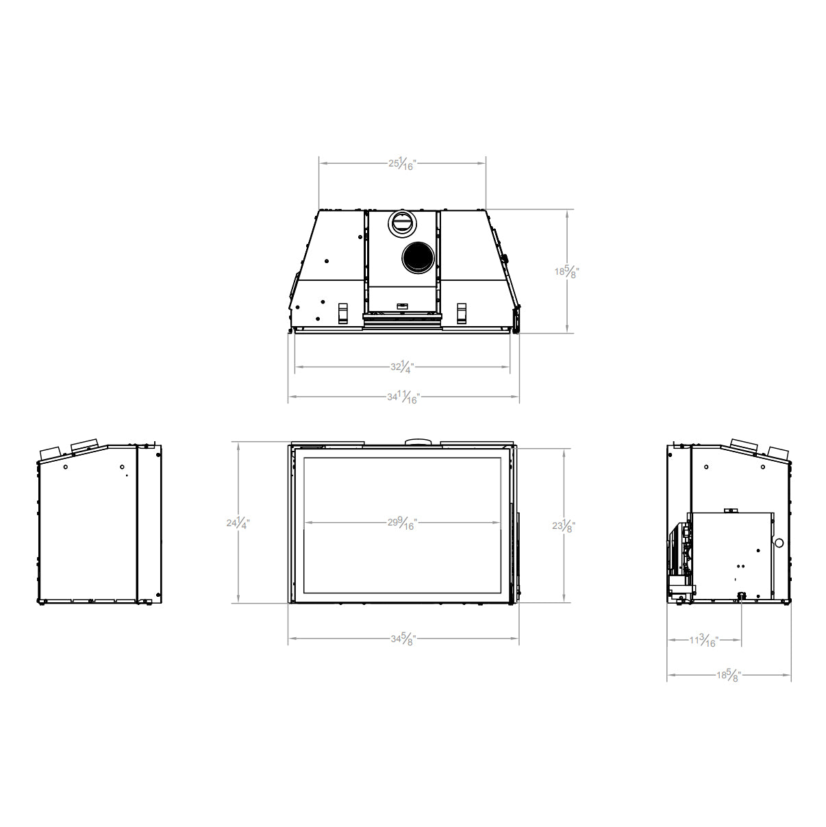 Direct vent gas fireplace insert technical dimensions diagram with front, side, and top views