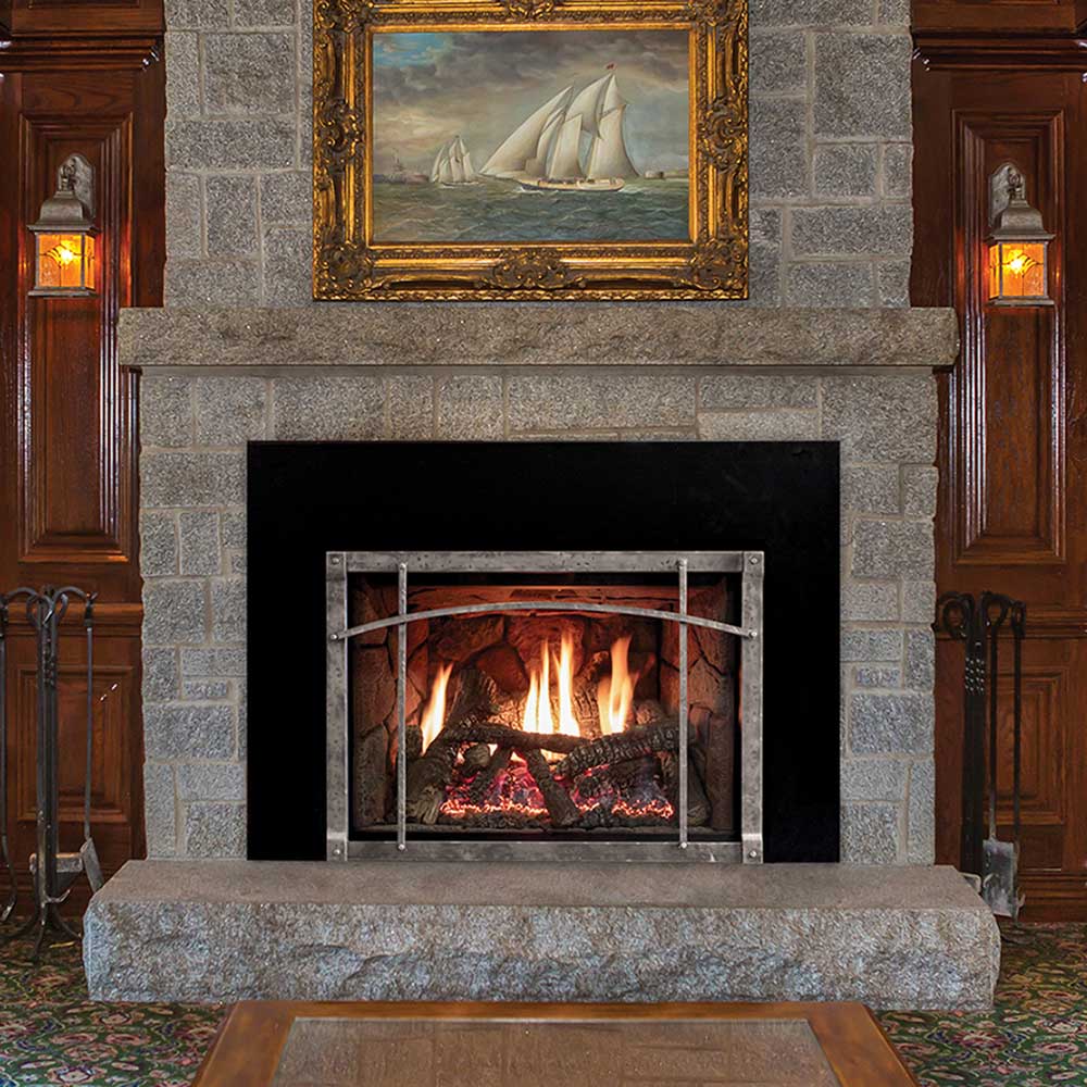35-inch direct vent gas fireplace insert with black glass front in stone surround