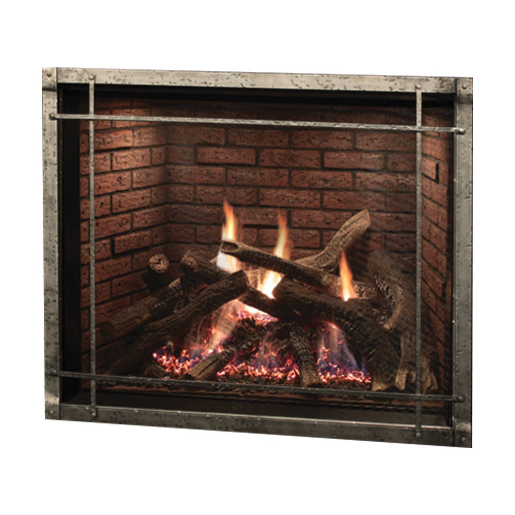 Direct-vent fireplace with glass front, brick firebox, burning logs and glowing embers