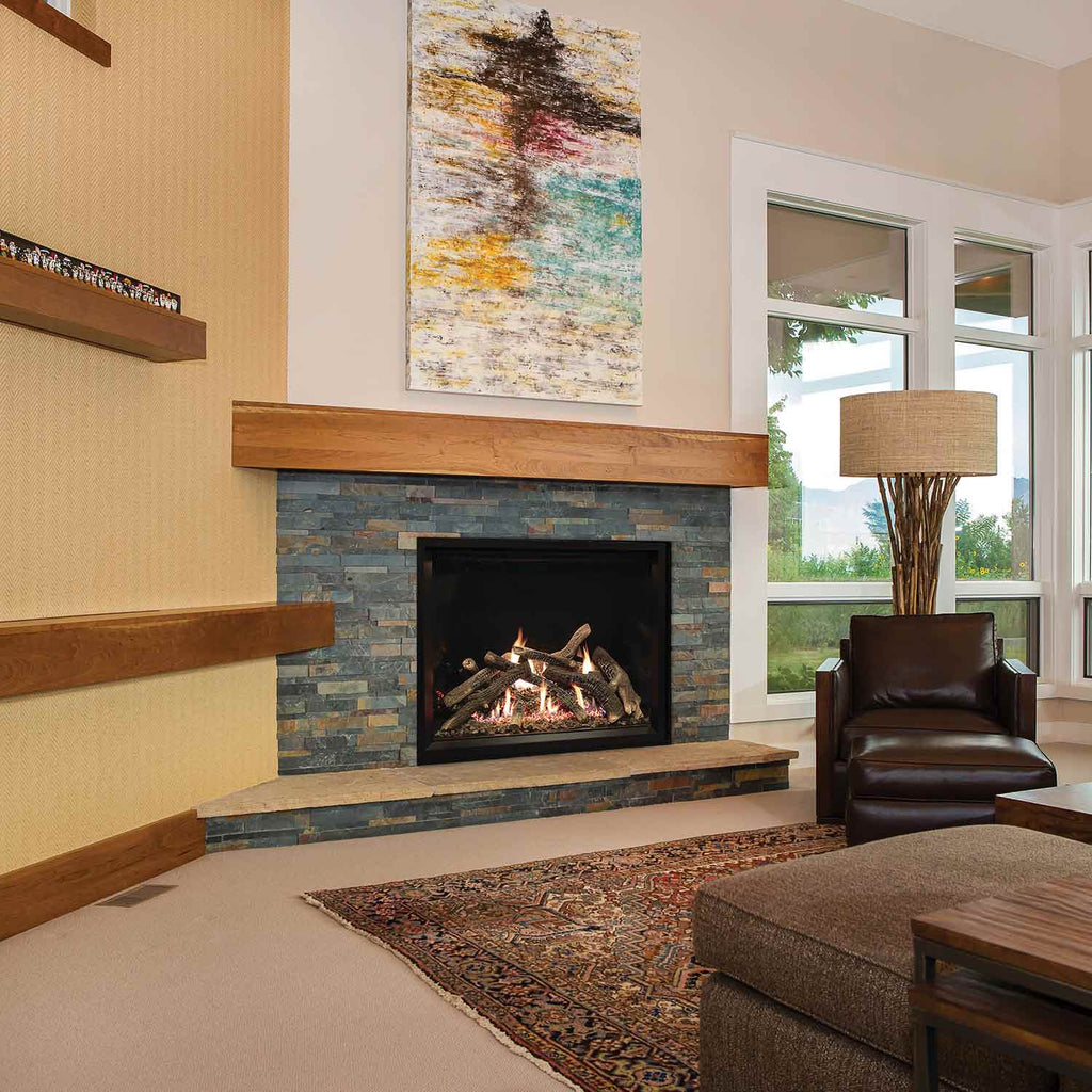 Direct-vent fireplace with black front and burning logs set in blue-gray stone surround