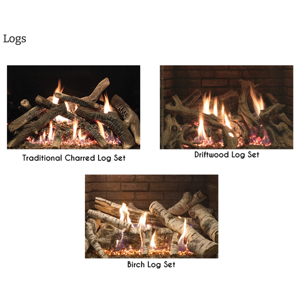 Direct-vent fireplace log set options showing traditional charred, driftwood, and birch logs