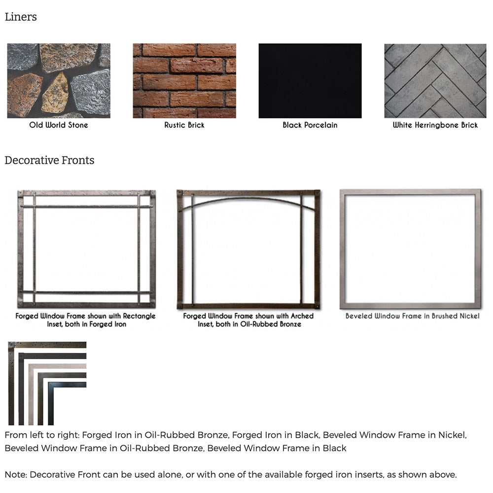 Decorative front and liner swatch options for a direct-vent fireplace, with window frame insets