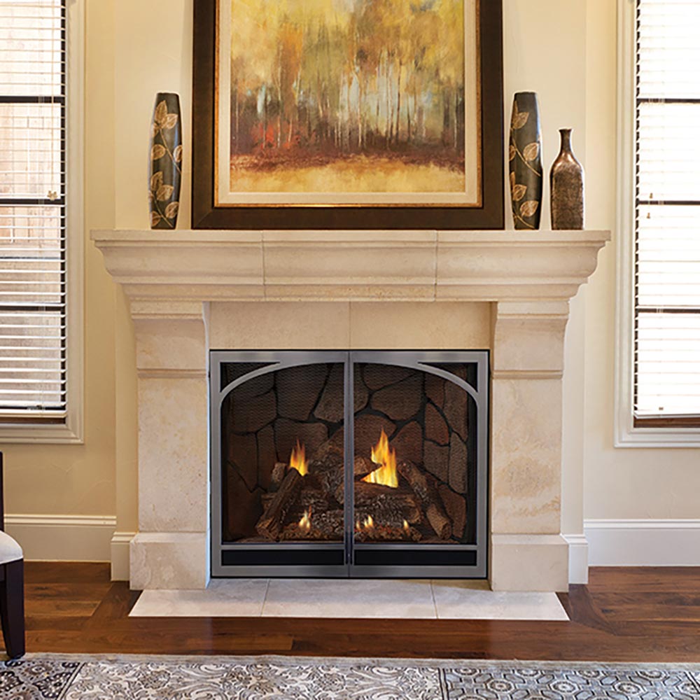 Direct vent gas fireplace with black metal frame and arched doors, flames inside