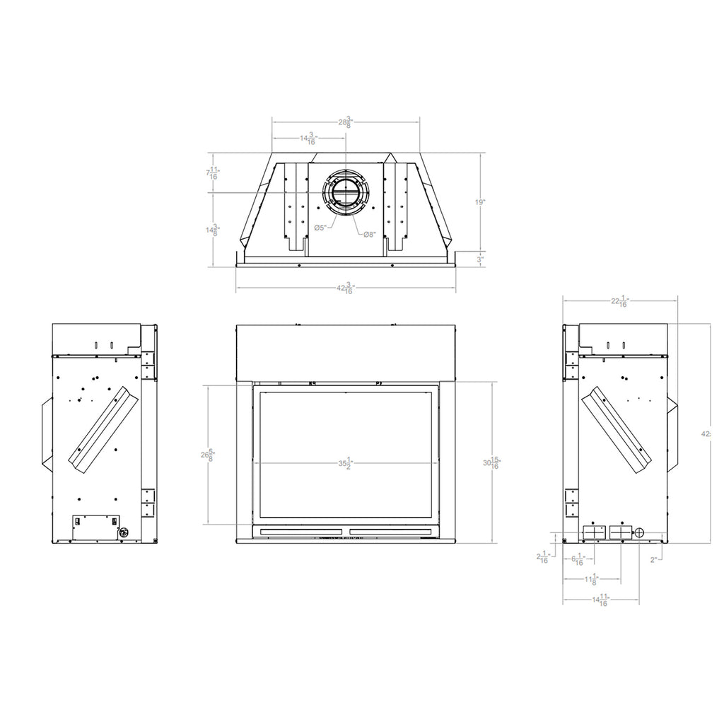 Fireplace technical drawing with dimension lines for a direct vent gas insert