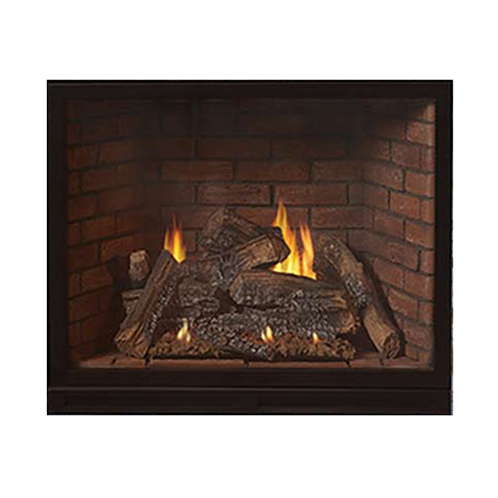 Direct vent gas fireplace firebox with dark screen, burning logs and flames