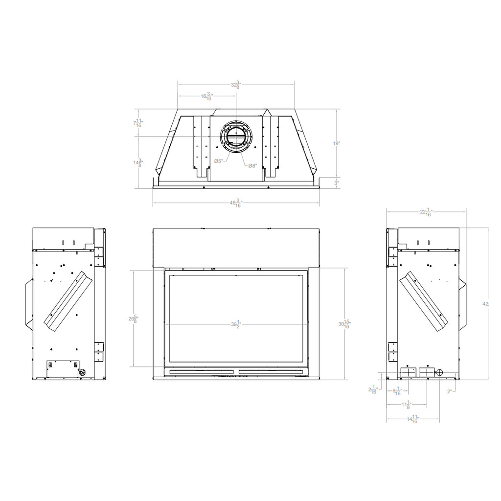 Gas fireplace installation diagram with top, front, and side dimension views