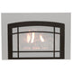 Decorative fireplace insert front with arched dark metal frame and grid glass panels