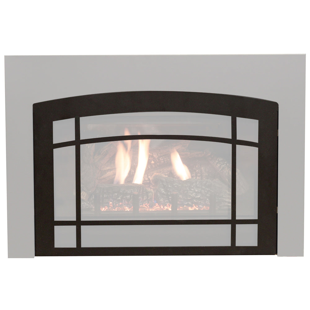 Black decorative fireplace front with arched frame and glass window