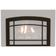 Decorative fireplace insert front with black arched frame and multi-pane glass