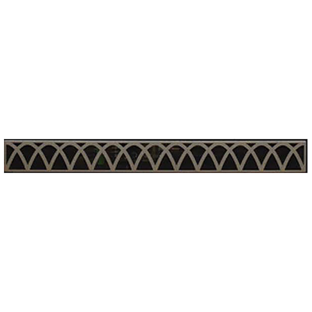 Decorative fireplace louvers with arched lattice pattern, dark metal trim.