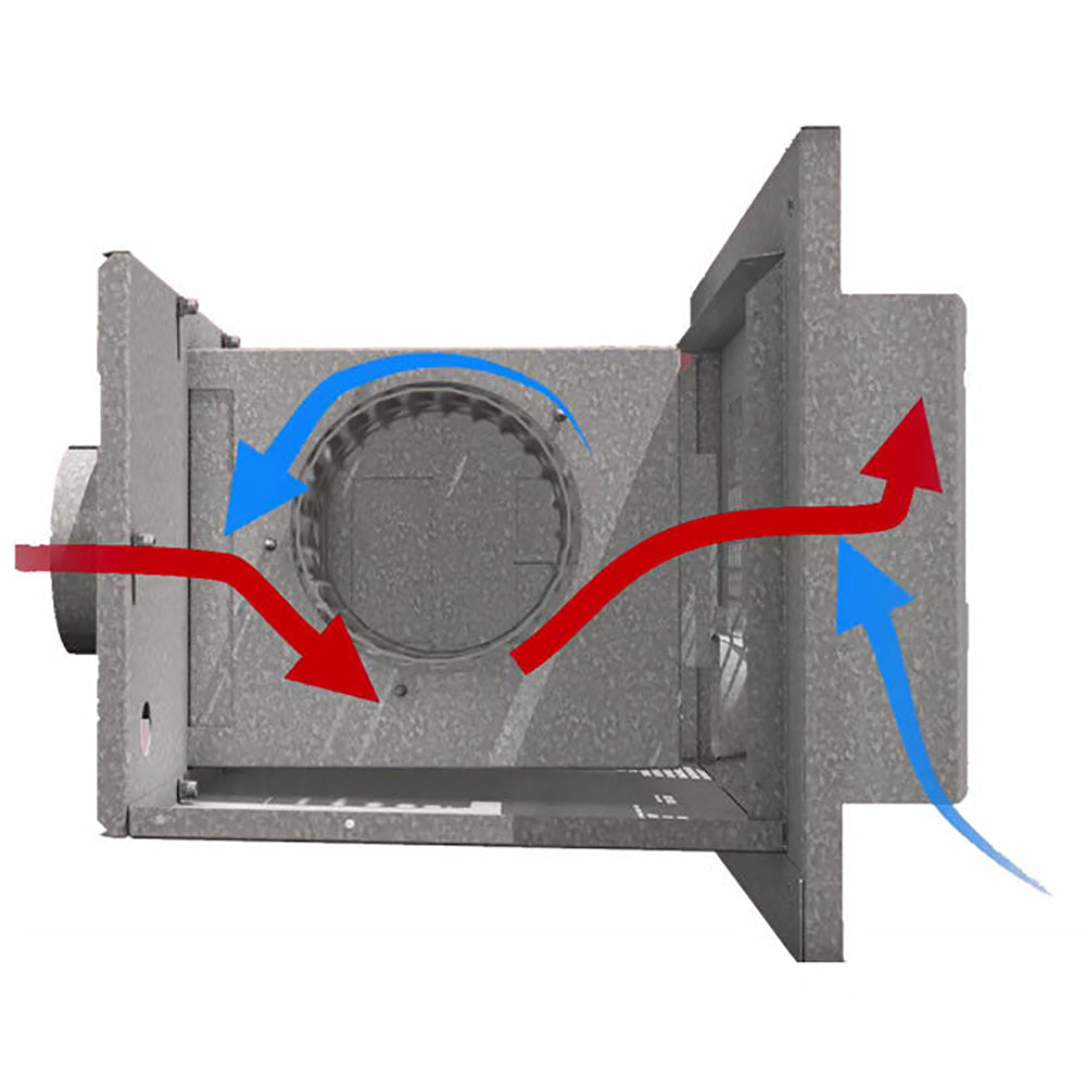 Vertical vent conversion kit interior showing circular knockout area with arrows