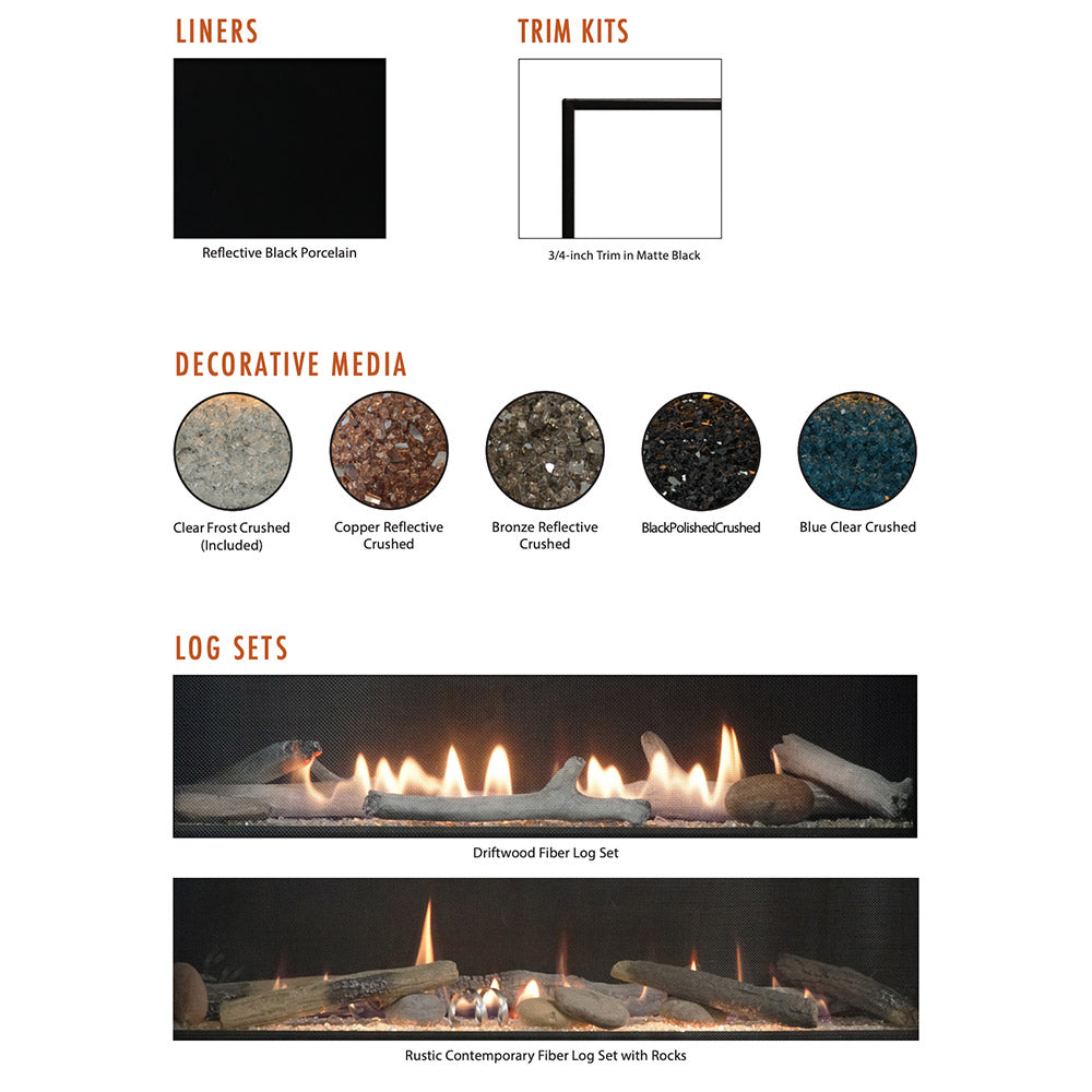 Fireplace media options chart showing clear crushed glass and log set