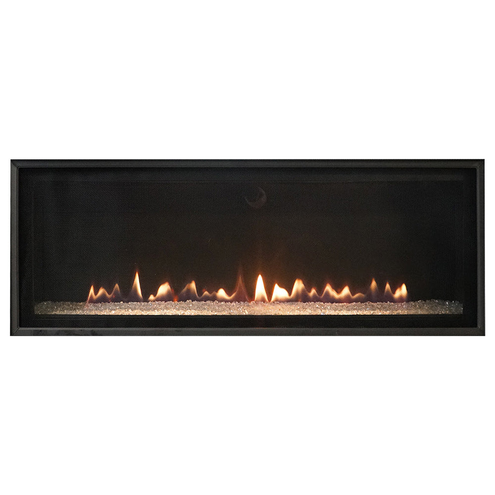 Contemporary direct vent fireplace with clear crushed glass and burning flames, black frame