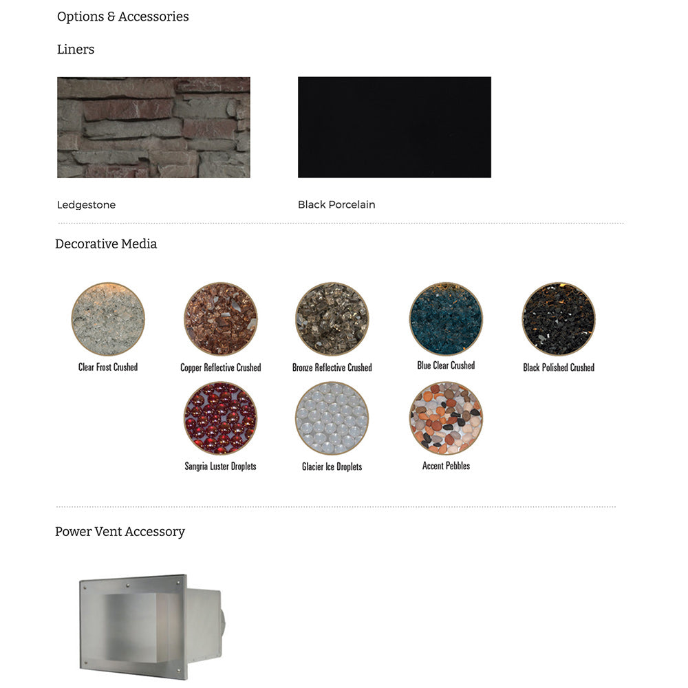 Fireplace accessory options showing liner finishes and decorative glass crushed media