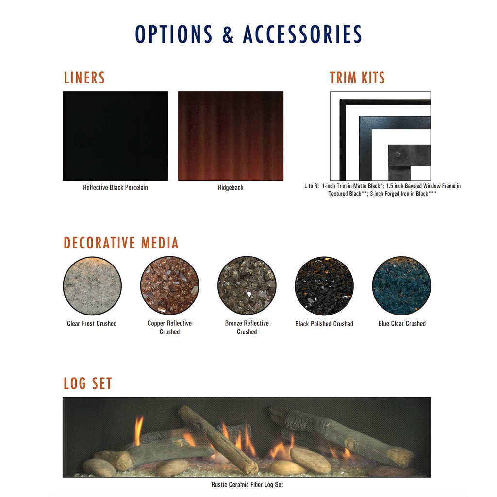 Options and accessories diagram for fireplace liners, trim kits, and decorative media