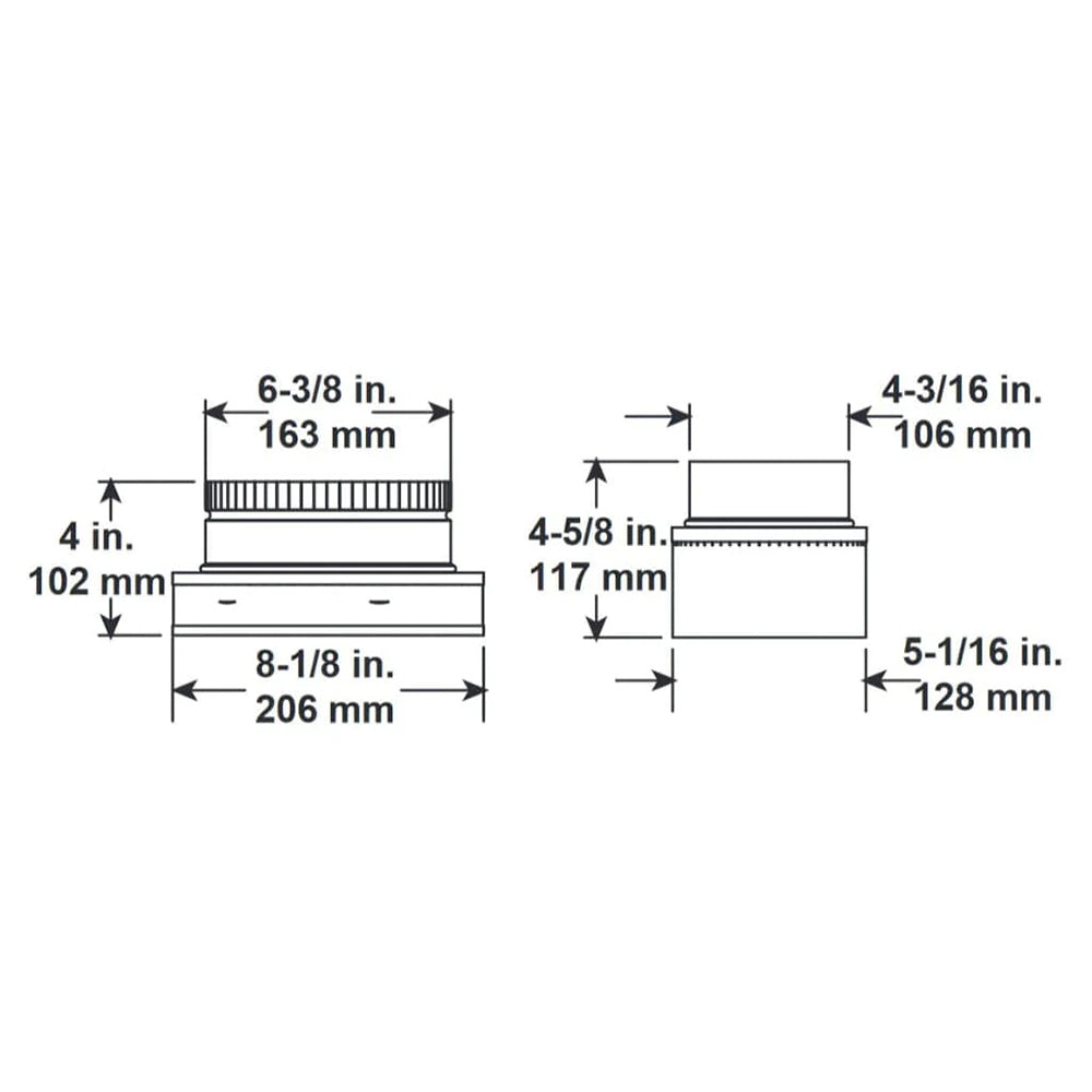 Pipe adapter dimensions diagram with two connected sleeves