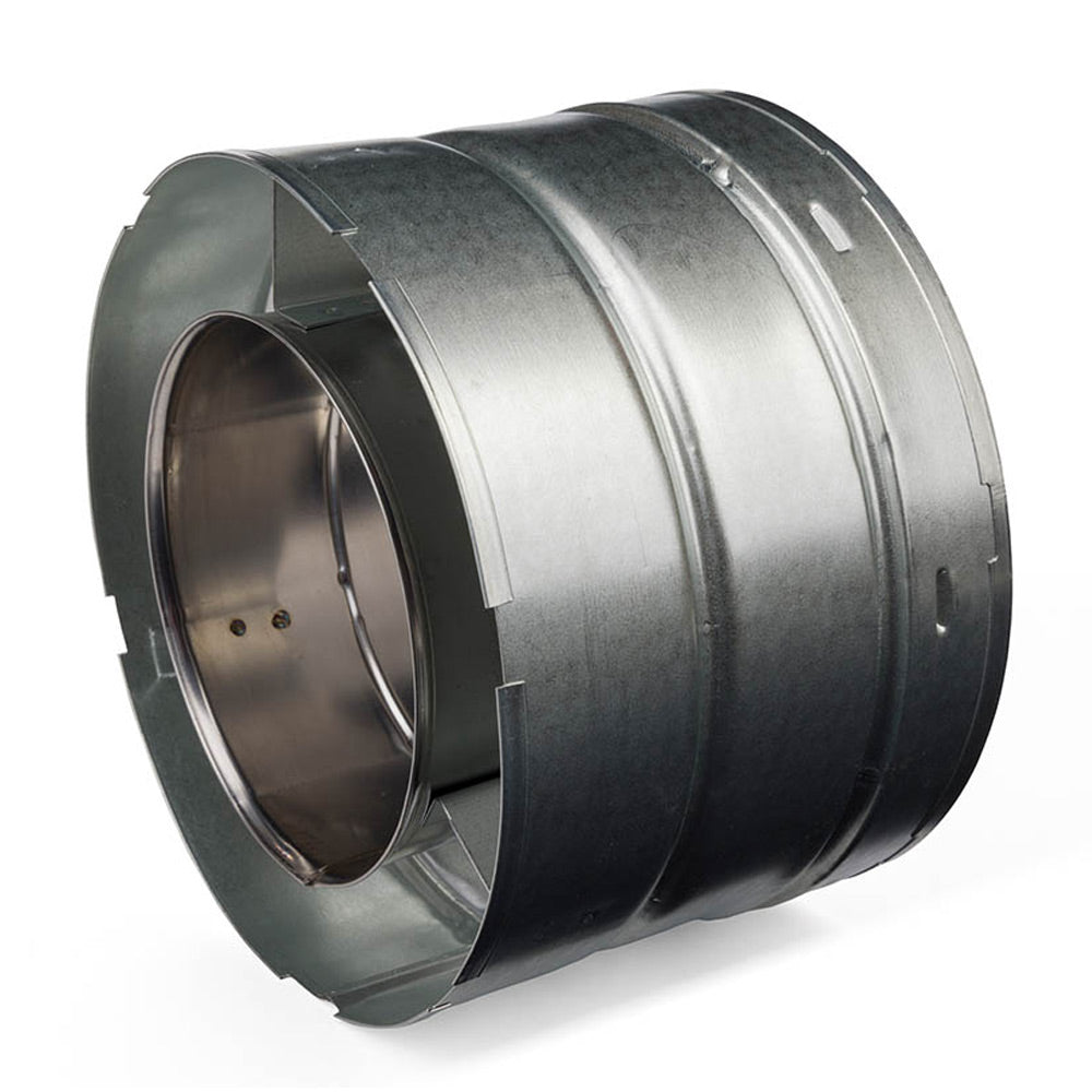 Double-wall stove pipe section with open inner flue, dark steel outer wall, angled view