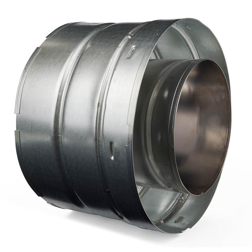 Double-wall stove pipe section, open end visible with inner liner, dark galvanized steel