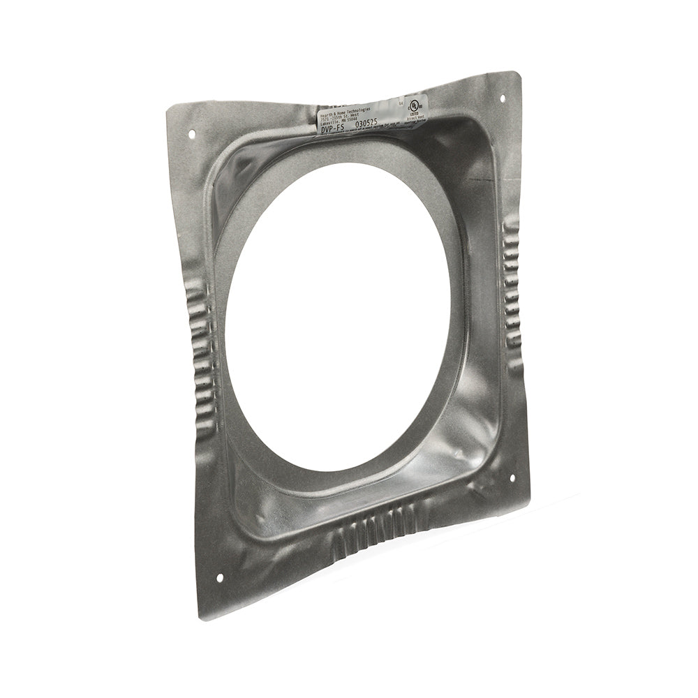 Ceiling firestop flange with circular opening and galvanized metal frame, vented edges