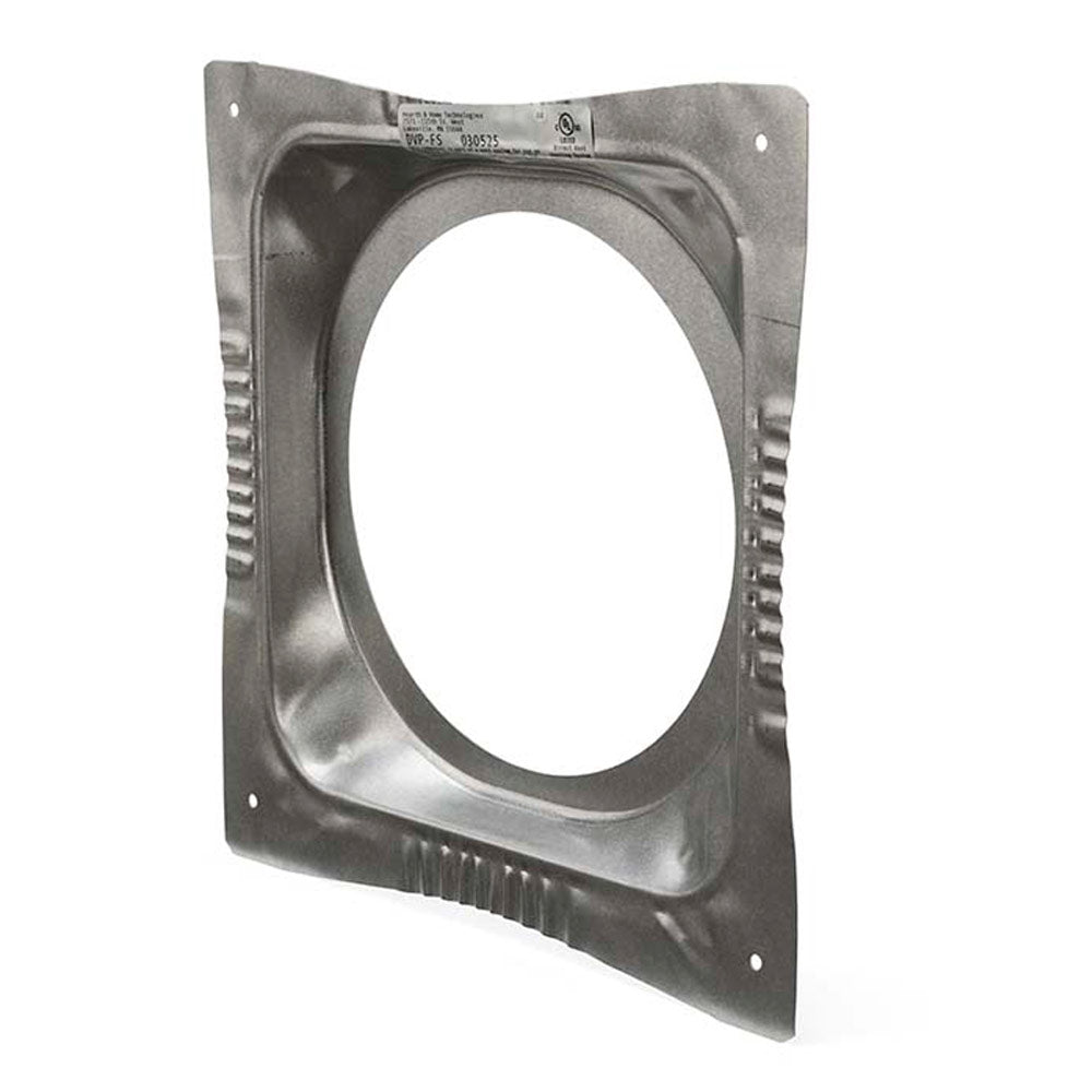 Ceiling firestop flange with circular cutout, galvanized metal surround and side ribs