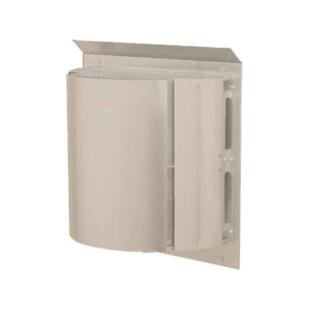 Horizontal roof termination cap with long flue, light gray metal housing