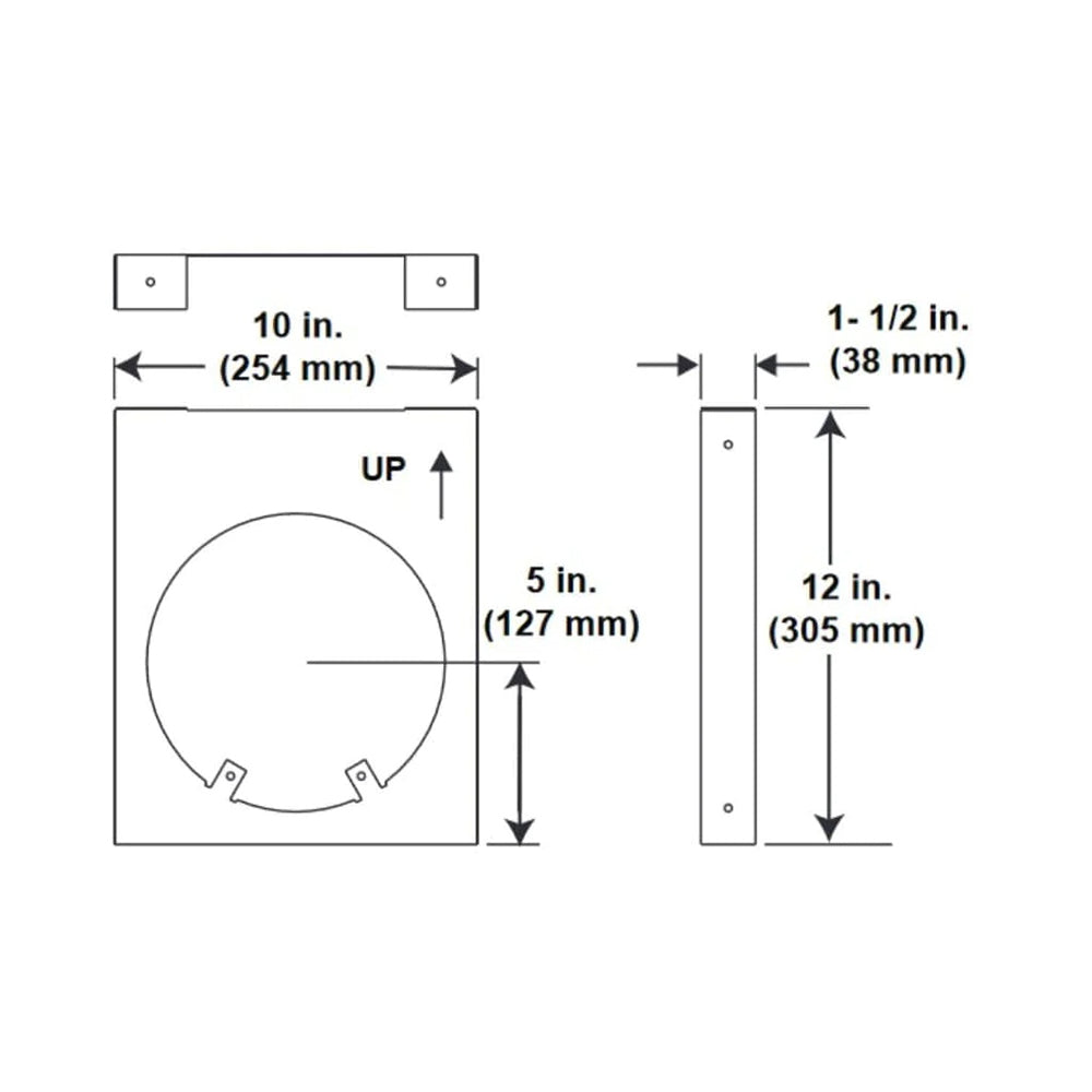 Horizontal pipe support bracket diagram with circular ring, mounting tabs, size marks