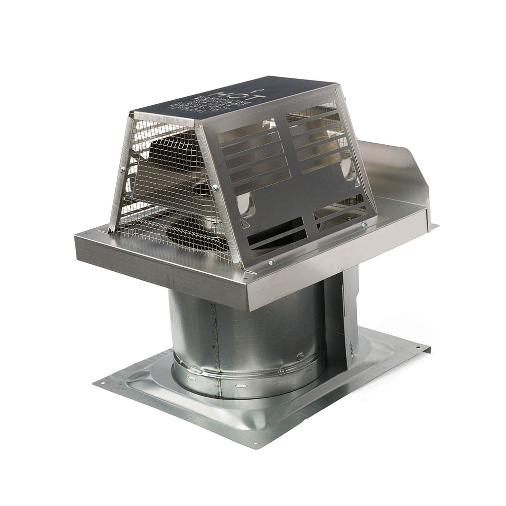 Metal chimney termination cap with long flue, rain guard, and mesh spark screen