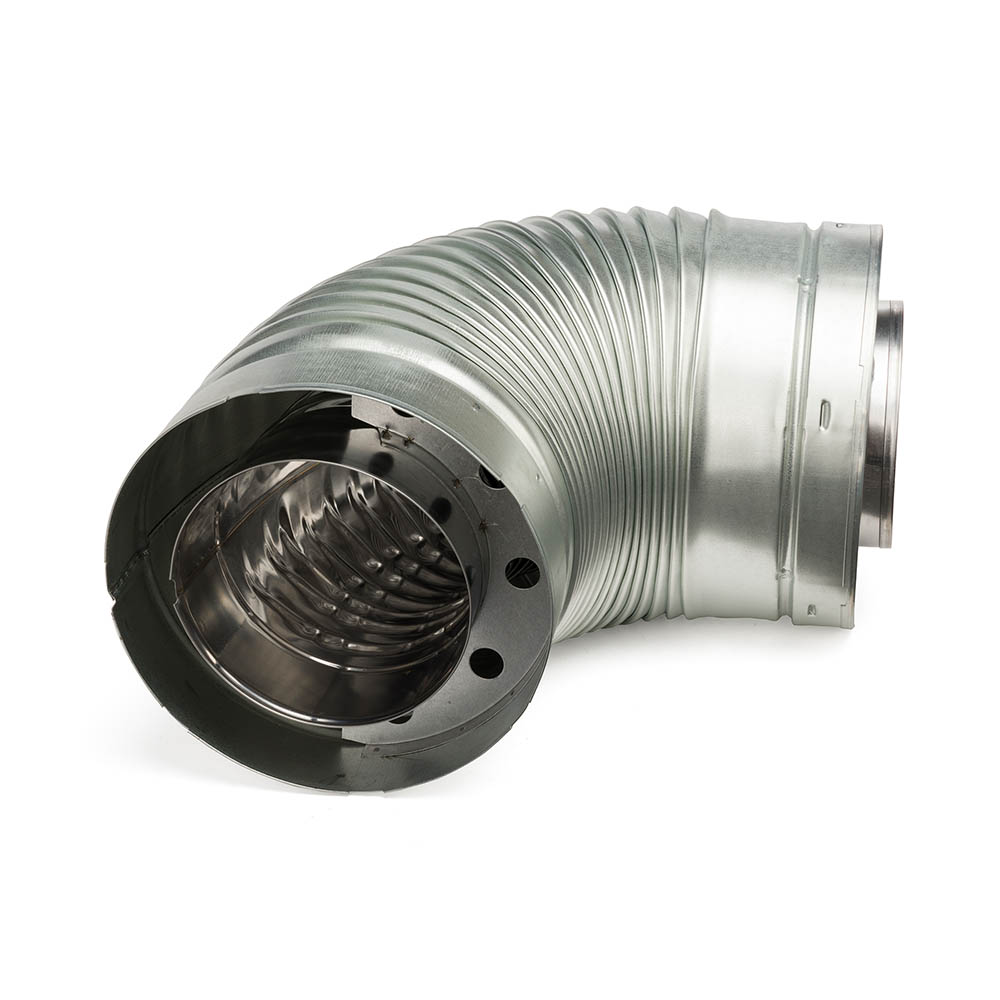 Short flue duct with ribbed galvanized elbow and circular connection opening