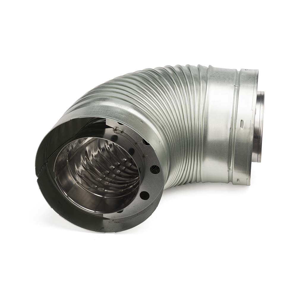 Stainless steel duct elbow with circular inlet and inner flue opening