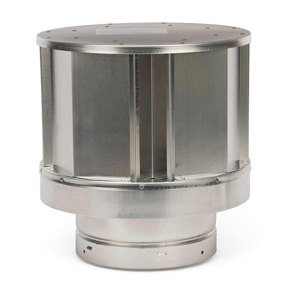 Vertical high-wind termination cap with round hood and galvanized steel flange