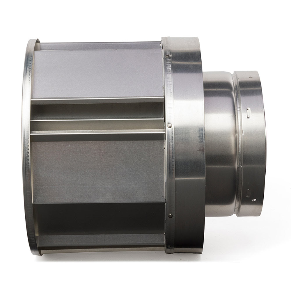 Vertical high-wind termination cap, side profile with round duct collar and steel body
