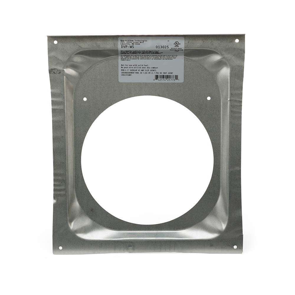 Galvanized wall firestop plate with round opening and four mounting holes