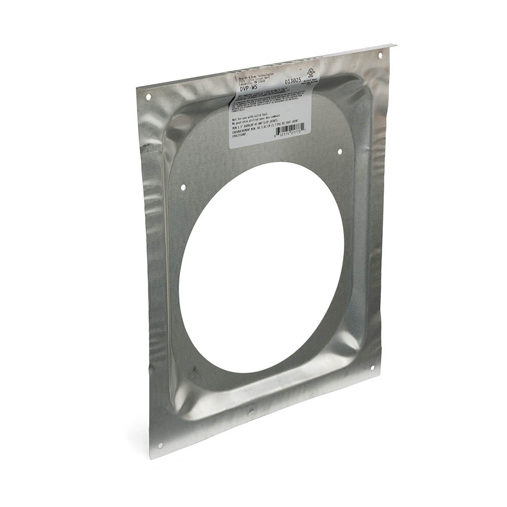 Galvanized wall firestop plate with round opening, mounting holes, and label