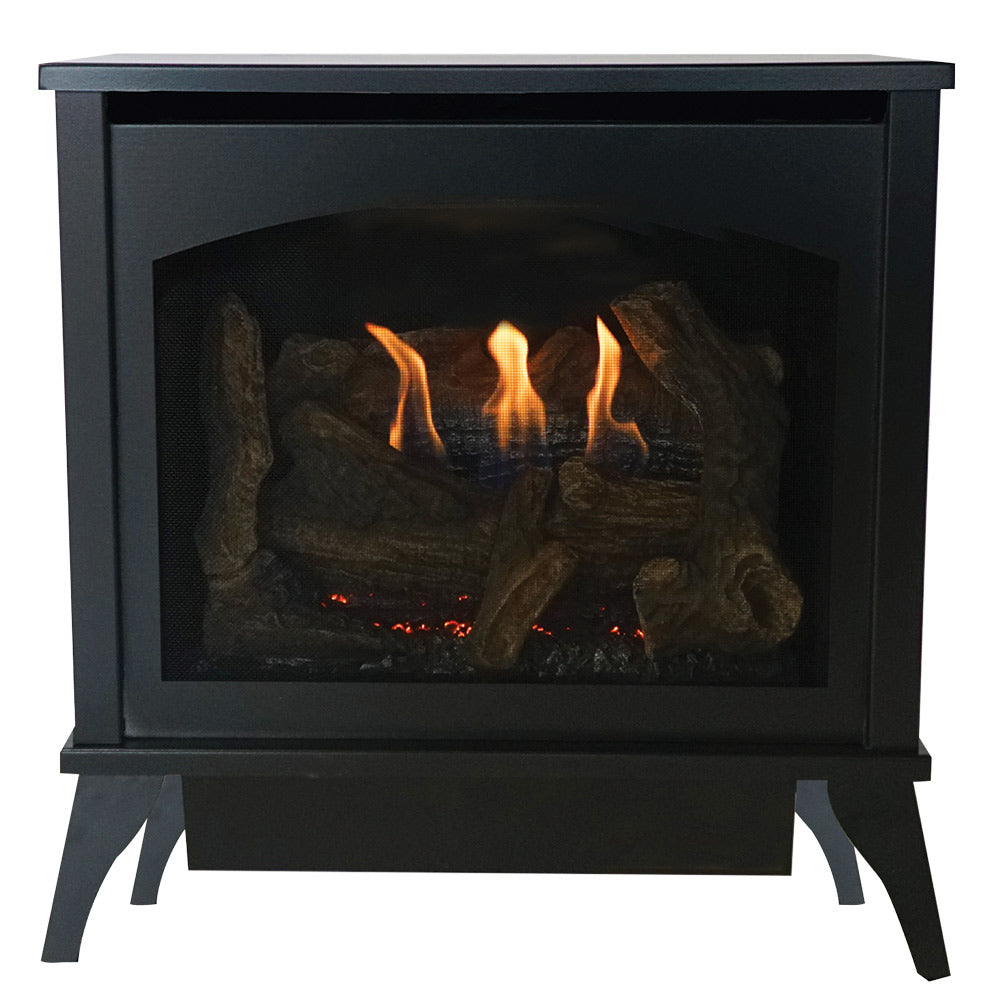 Black direct-vent steel stove with glass front and burning log set