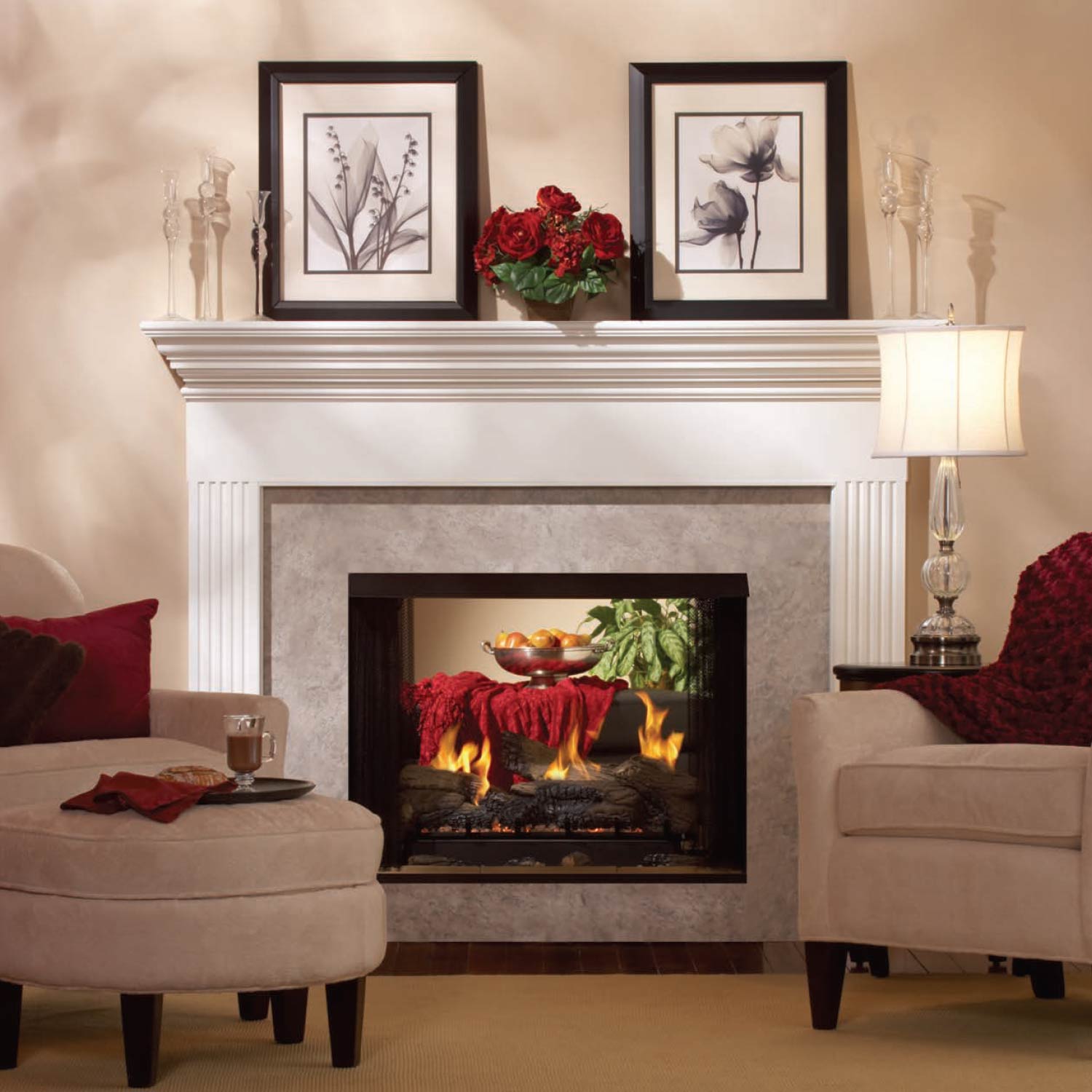 White mantel gas fireplace with black firebox showing flames