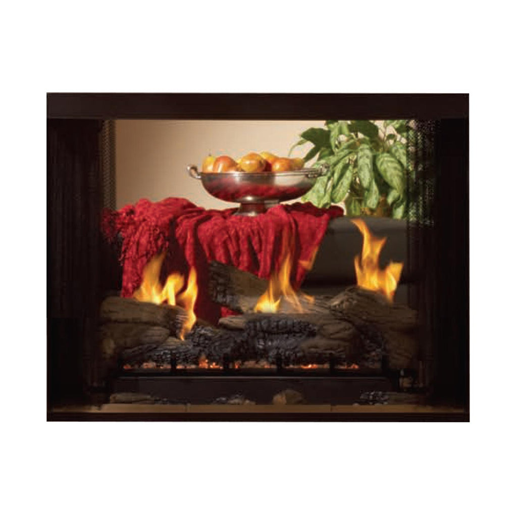 Double-sided gas fireplace burner with visible flames and log set