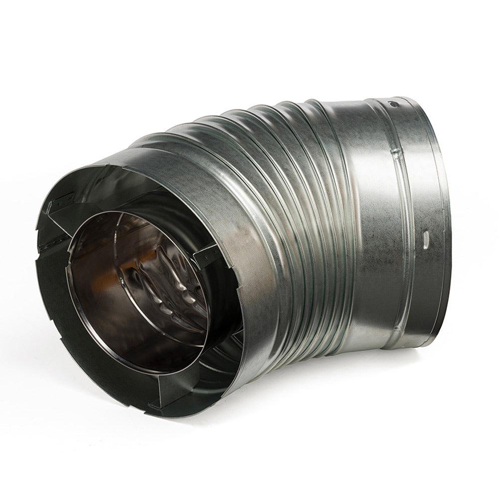 Metal duct elbow pipe, galvanized steel with black end collars and ribbed 45-degree bend