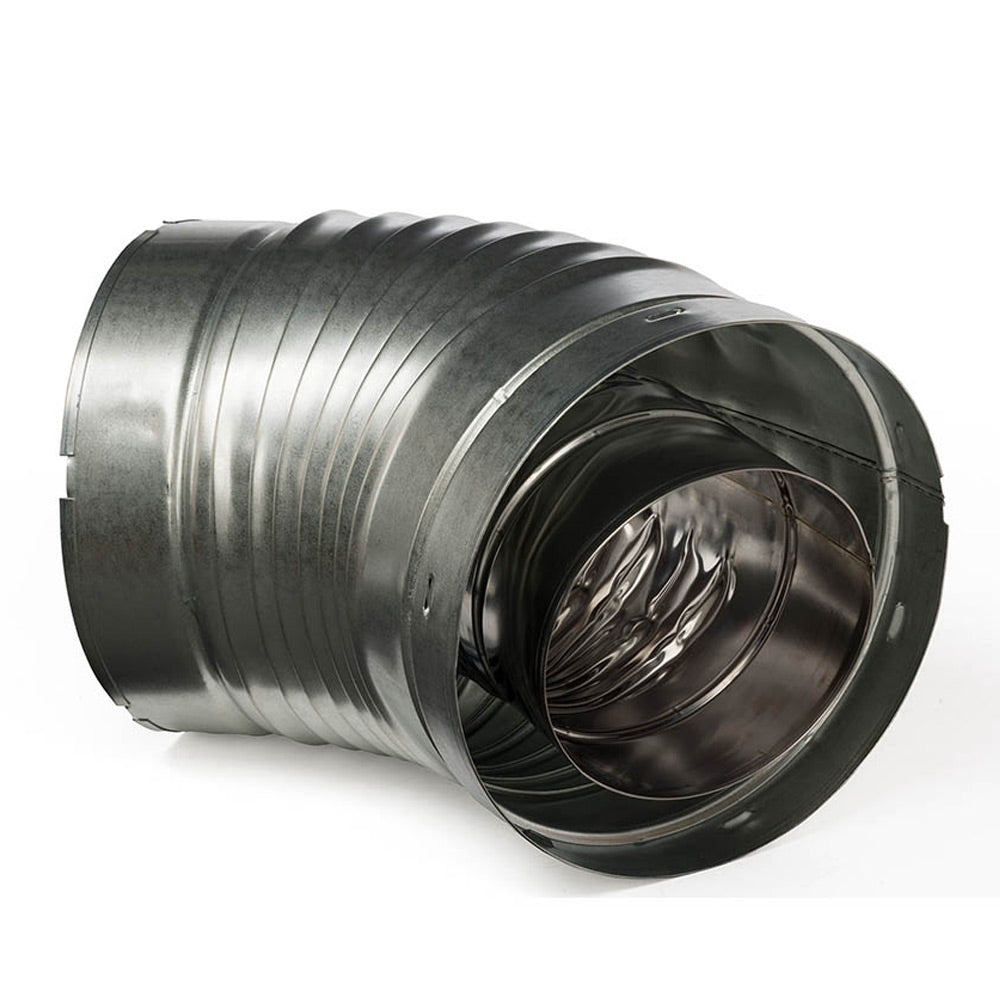 Galvanized steel 45-degree duct elbow with open flanged ends and black inner lining