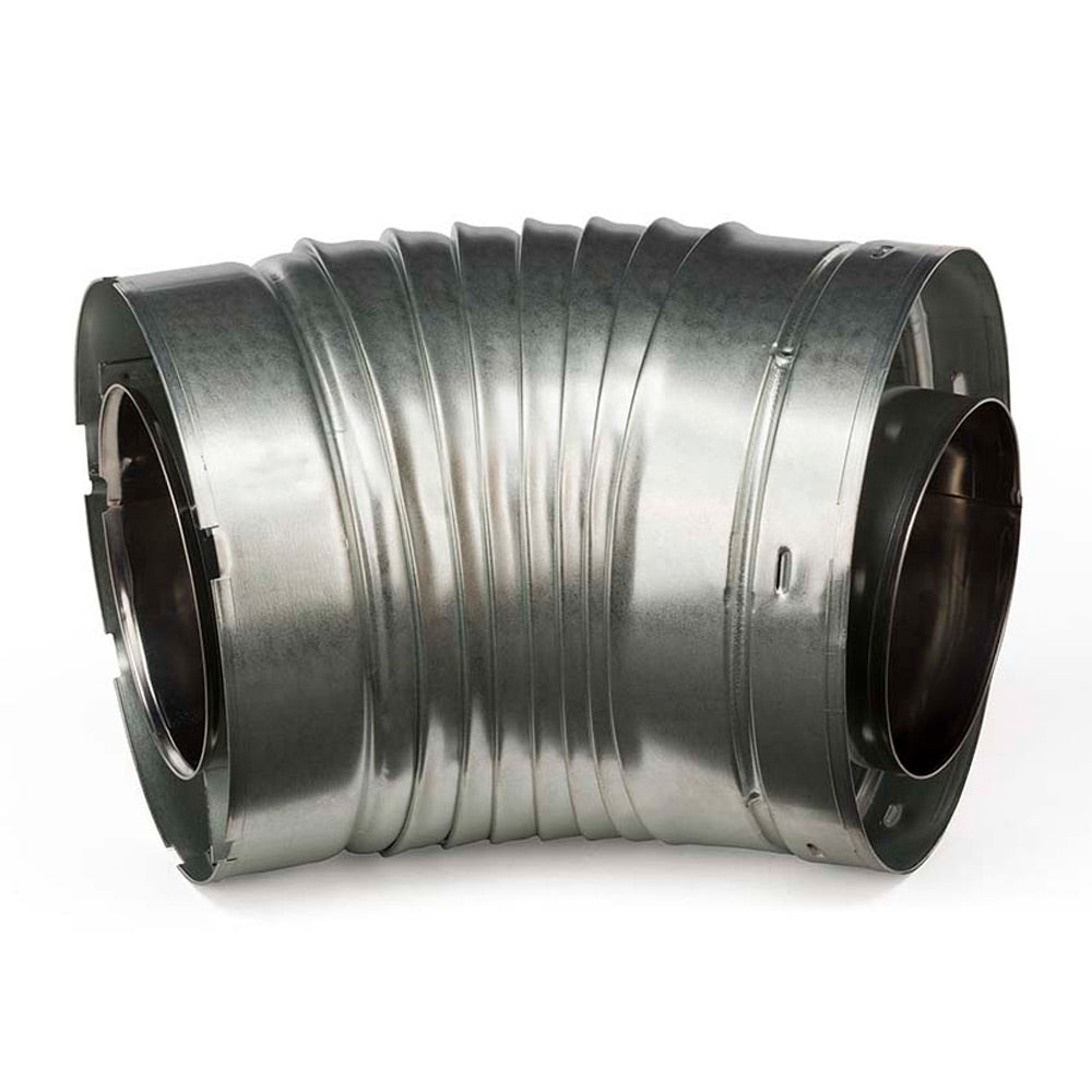 45-degree metal duct elbow with ribbed galvanized finish and two circular flanged ends