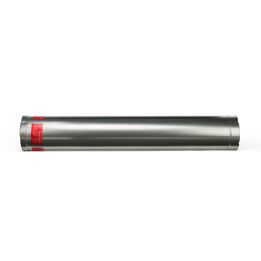 Double-wall stove pipe section, long straight tube with red warning labels, metallic steel