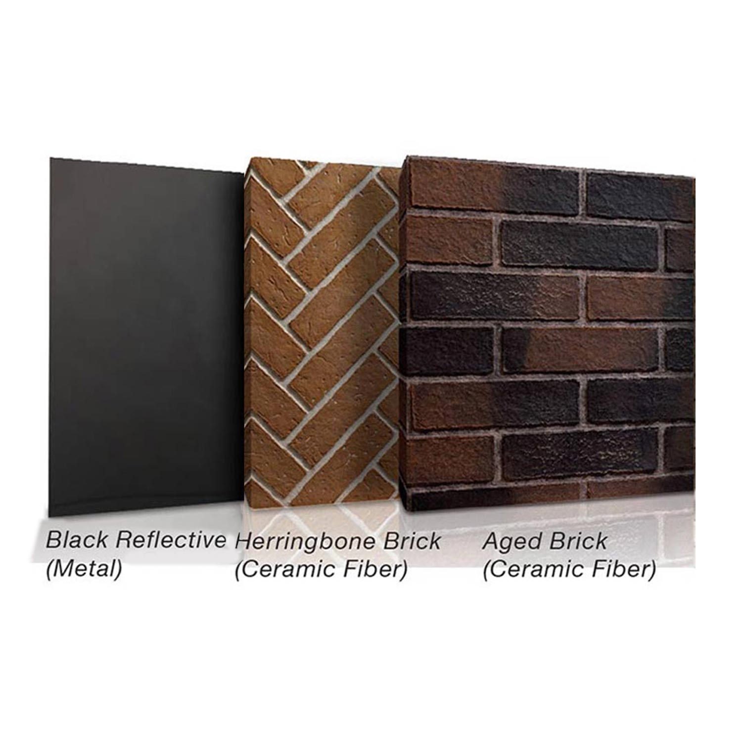 Fireplace brick finish panel samples: dark and tan herringbone plus aged bricks