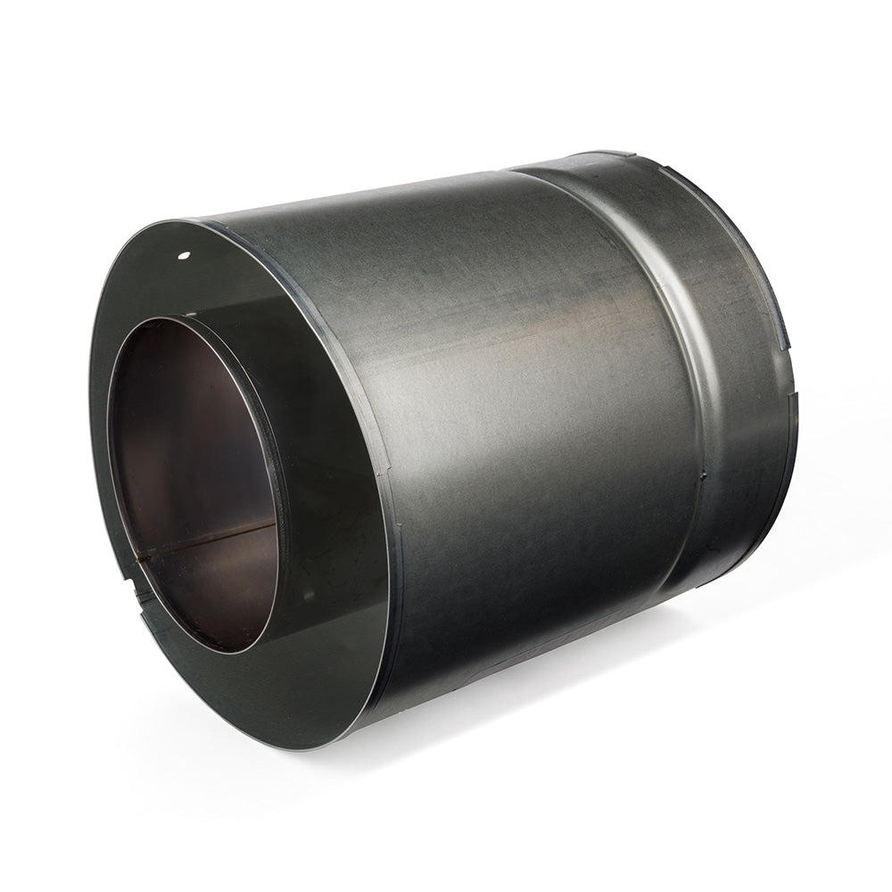 Metal duct slip section pipe with open round inlet and flanged rim, dark finish
