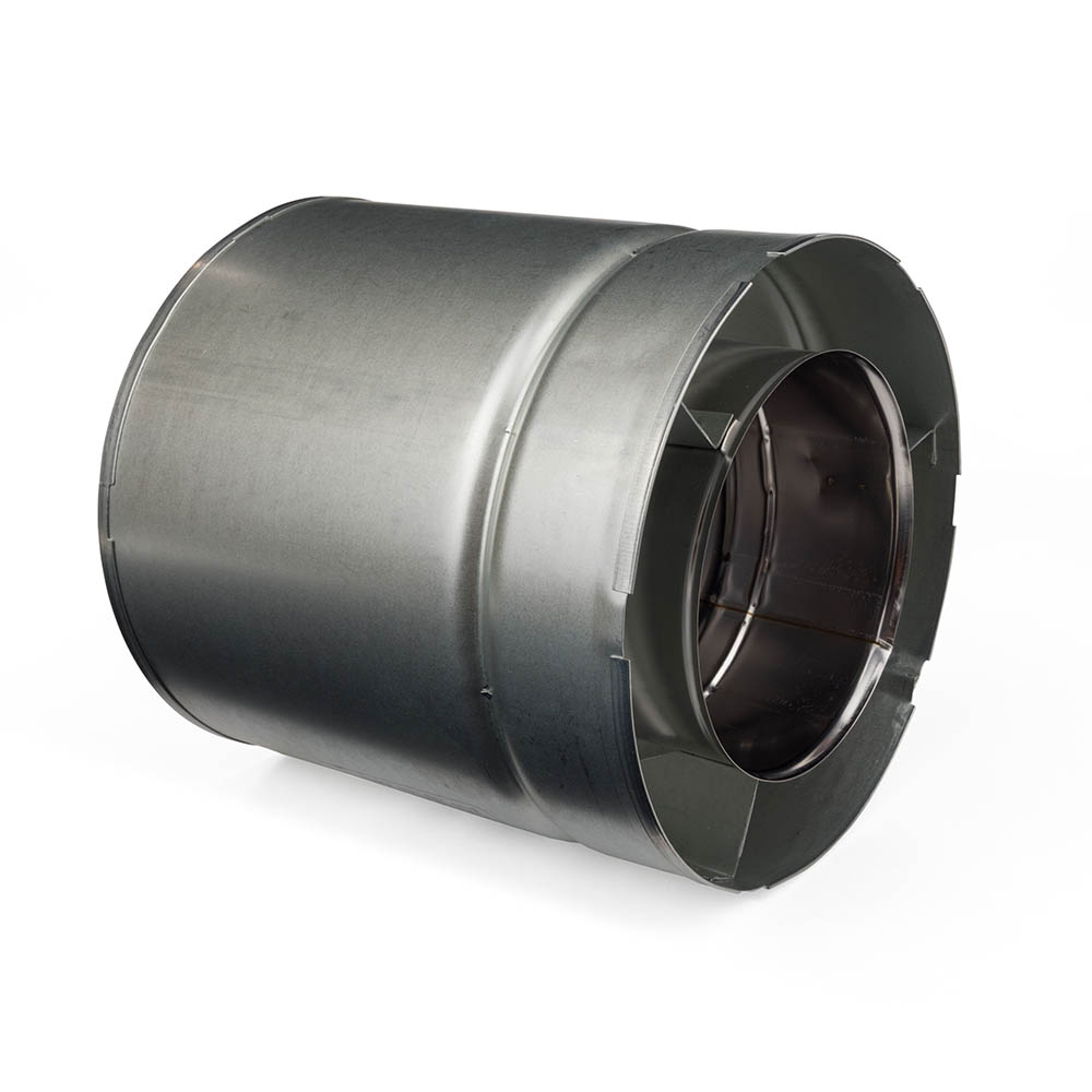 Metal slip section duct pipe with side view of open round end and flanges