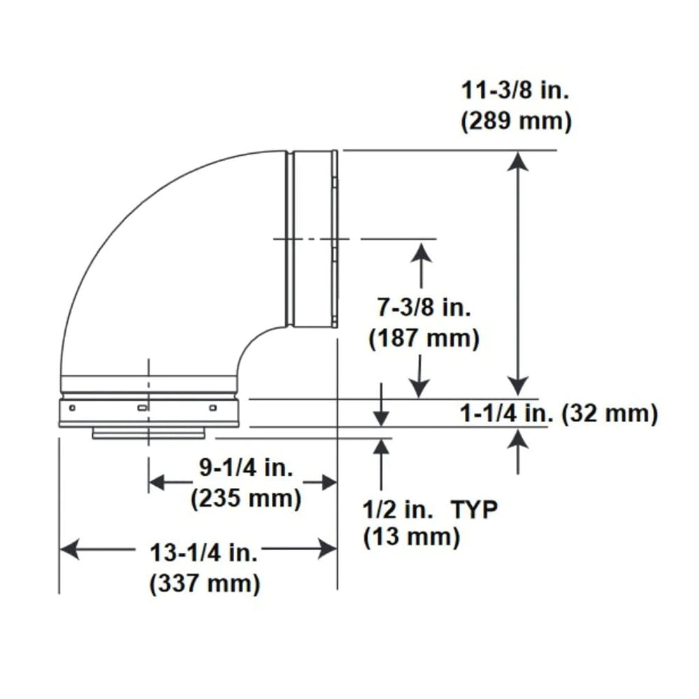 90-degree elbow pipe fitting with dimension callouts and mounting flange