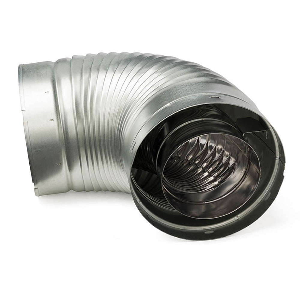 Majestic 90 degree elbow pipe, silver metal duct with black intake collar, ribbed bend