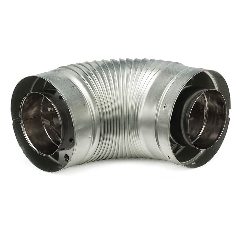 Majestic 90 degree elbow pipe, ribbed silver duct with two black flanged ends