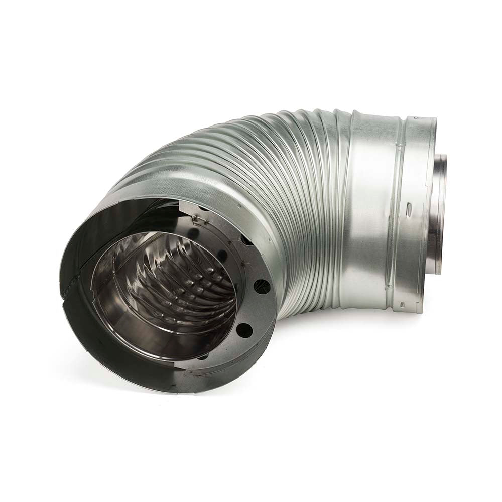 Metal HVAC duct elbow with round inlet and outlet, corrugated silver flexible section