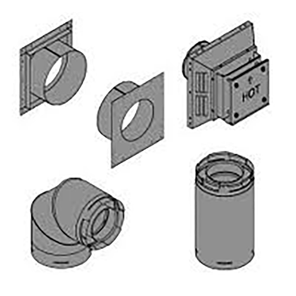Direct vent top vent kit with metal collars, elbow, and cylindrical vent section, gray