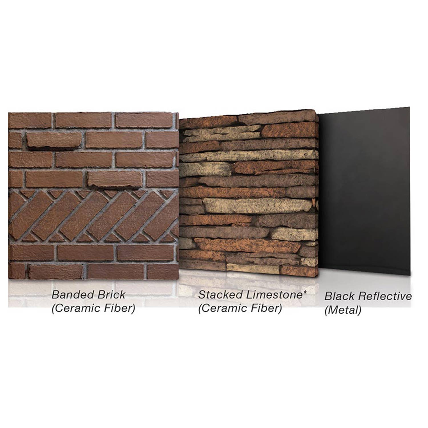 Fireplace material swatches: banded brick, stacked limestone, black reflective metal